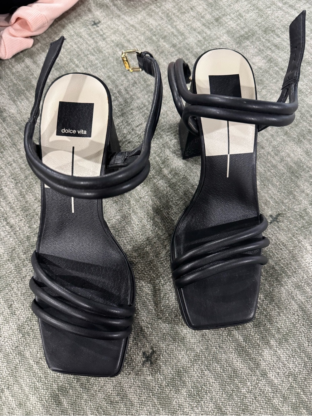 Dolce Vita Black Strappy Square-Toe Heeled Sandals with Ankle Strap